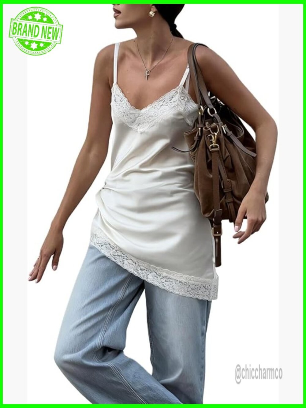 Lace Trim Satin Cami Top Spaghetti Strap V Neck Silk Camisole Going Out Party